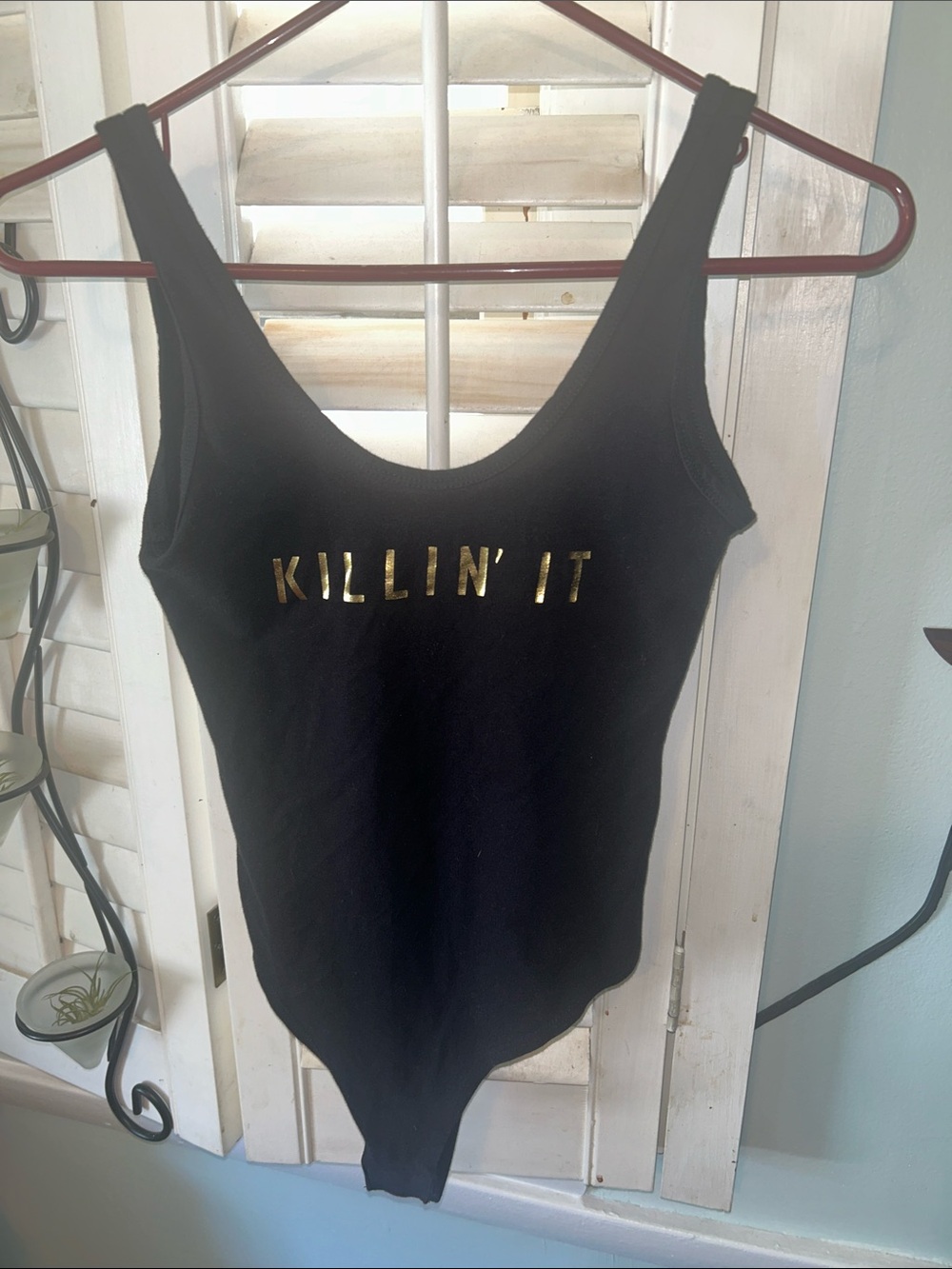 Love Culture Black Scoop Neck Bodysuit with Gold 'Killin' It' Print